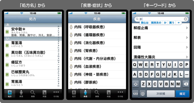 「処方名」から探す、「疾患・症状」から探す、「キーワード」から探す画面画像